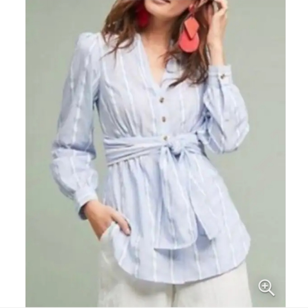 🆕 Anthropologie Top with Cinched Waist & Attached Sash Belt. Cotton/Polyester